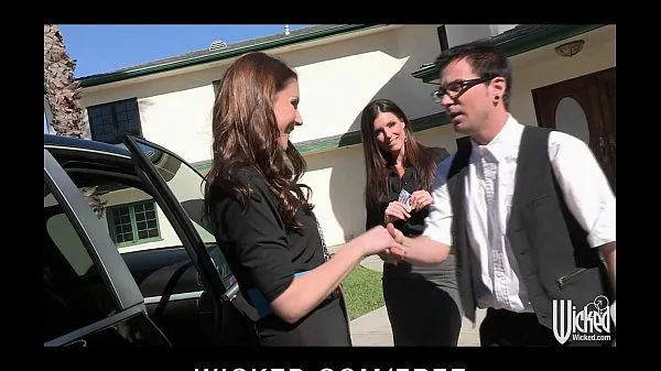 XXX Pair of sisters bribe their car salesman into a threesome klip Video